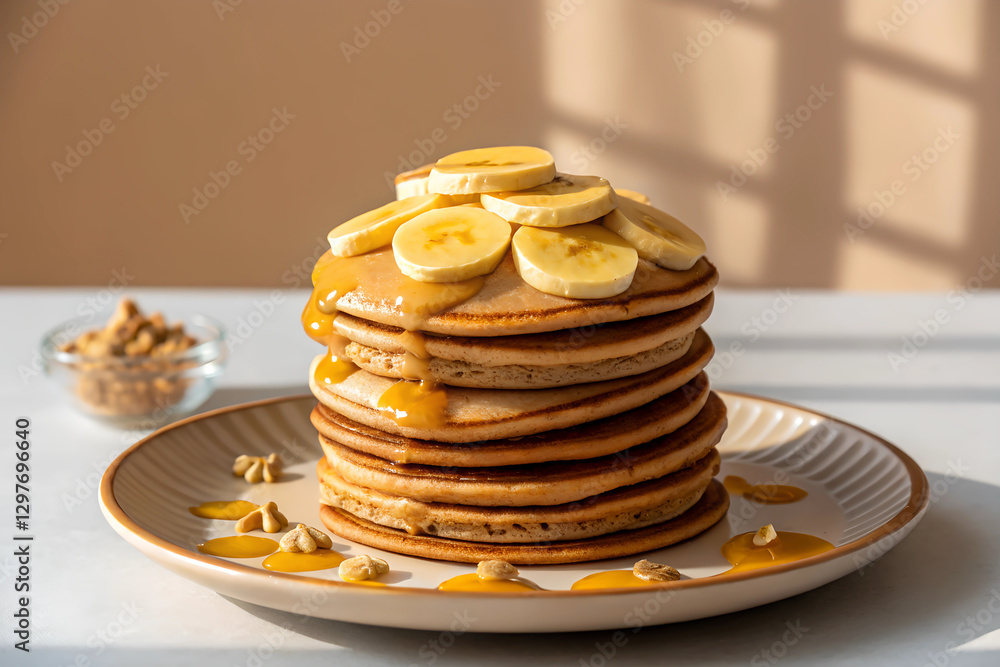 A stack of protein pancakes with almond butter and banana slices A stack of protein pancakes with almond butter and banana slices