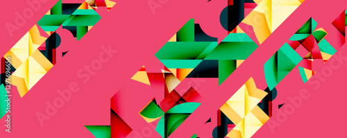 Abstract geometric artwork with interwoven angular and curved shapes, dynamic composition with smooth gradients and bold contrasts