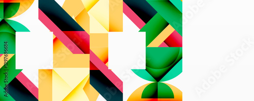 Abstract geometric artwork with interwoven angular and curved shapes, dynamic composition with smooth gradients and bold contrasts