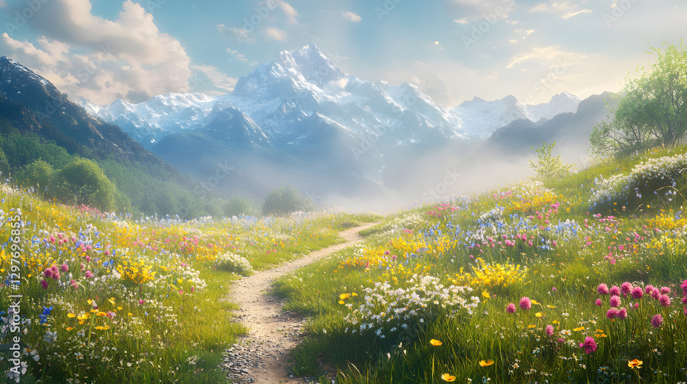 Obraz premium shot of a nature trail running through a meadow, with wildflowers blooming on either side and a distant mountain range in the background 