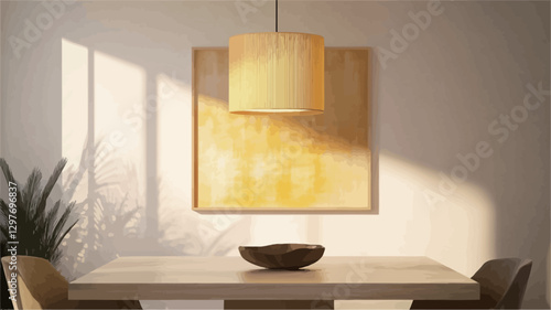 The image shows a minimalist dining room interior bathed in natural sunlight.  A square, abstract painting in shades of yellow and beige hangs on the wall, illuminated by a strong light source.  A
