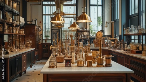 An Old Fashioned Laboratory Interior with Vintage Brass and Glass Equipment