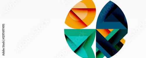 Abstract geometric artwork with interwoven angular and curved shapes, dynamic composition with smooth gradients and bold contrasts