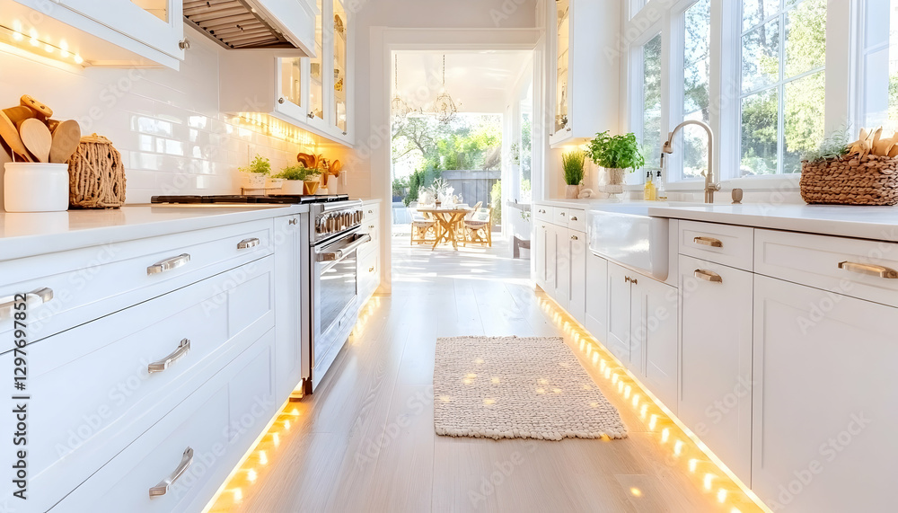 Fototapeta premium Bright white kitchen, open to patio