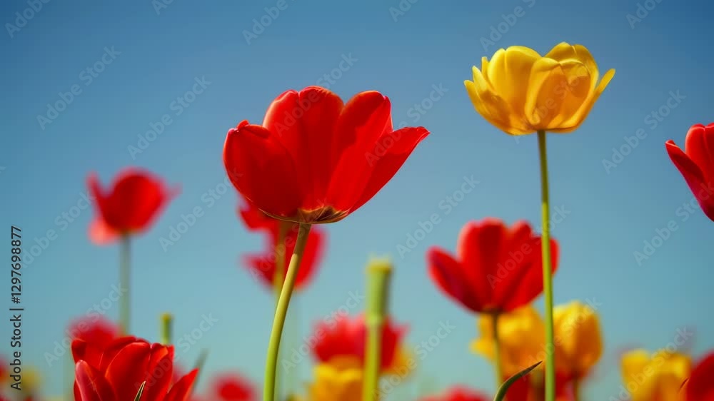 Bright red and yellow tulips bloom under a clear blue sky, creating a cheerful and colorful springtime floral landscape. Bright red and yellow tulips bloom under a clear blue sky, creating a cheerful and colorful springtime floral landscape.