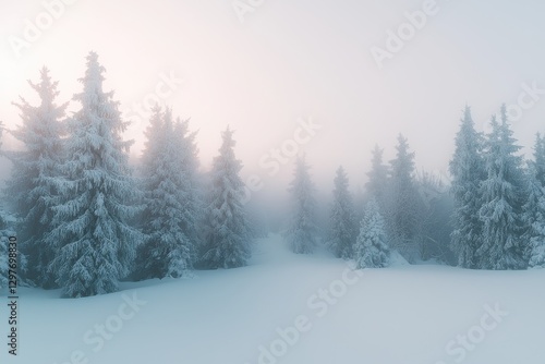 Wallpaper Mural Snowy Forest Landscape with Fog and Frosty Evergreen Trees Torontodigital.ca