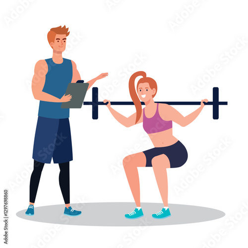 Fitness Coach Training Woman with Barbell Gym