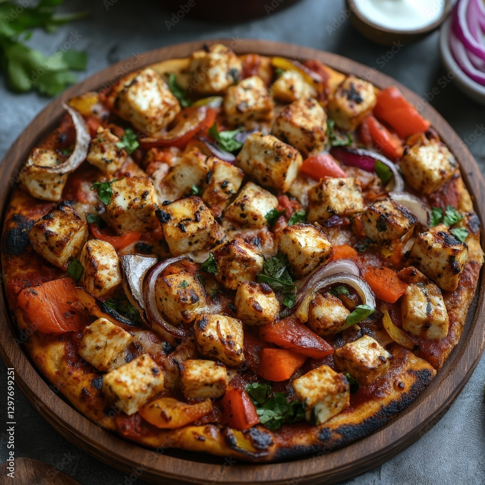 Delicious paneer tikka pizza on wooden board with vibrant vegetables and aromatic herbs a culinary delight perfect for food blog Delicious paneer tikka pizza on wooden board with vibrant vegetables and aromatic herbs a culinary delight perfect for food blog