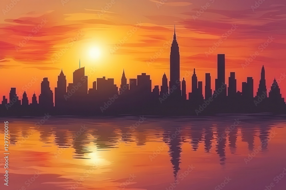 Obraz premium Sunset Over City Skyline with Reflections on Water Surface