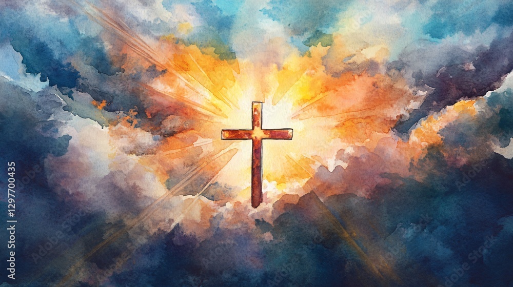 Fototapeta premium Heavenly Cross Divine Light and Faith in Watercolor