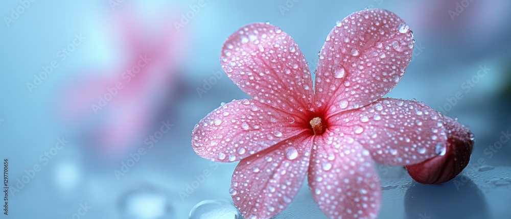 Fototapeta premium Dew kissed pink flower blossom in soft focus on light blue background with delicate petals and water droplets for spring freshness and floral beauty
