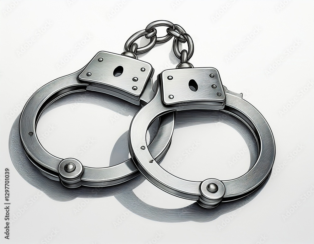 Metal handcuffs isolated on white background, 3d illustration. Generated image Metal handcuffs isolated on white background, 3d illustration. Generated image