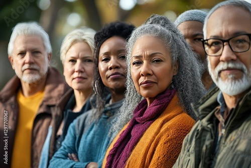 A group of people, including a woman with a purple scarf, are standing together