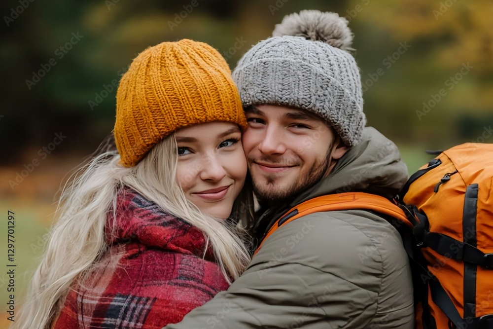 Fototapeta premium Happy Couple in Warm Hats Embracing in Nature During Autumn
