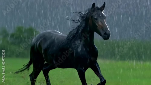 A majestic black horse runs across a lush green field under heavy rainfall, with storm clouds looming in the background.