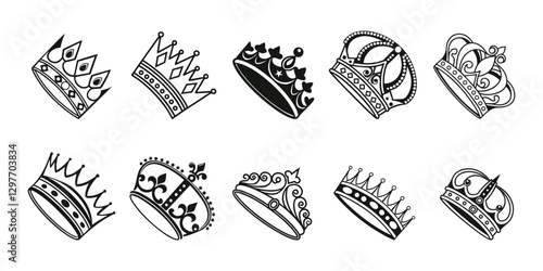Crowns And Diadems, Designed In An Elegant And Regal Style. Editable Stroke, Vector Line Icons Set
