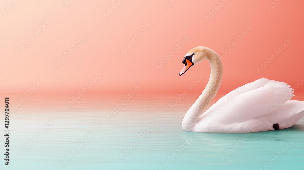 Fototapeta premium A serene swan gracefully glides across tranquil waters, with soft pastel colors in the background creating a peaceful atmosphere.