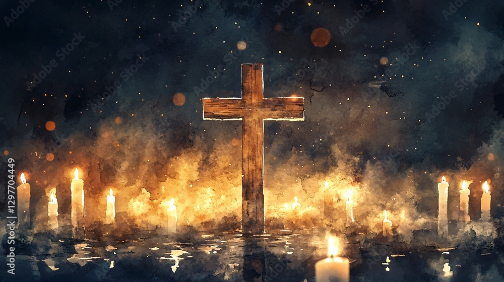 Fototapeta premium Illuminated Wooden Cross with Burning Candles at Night