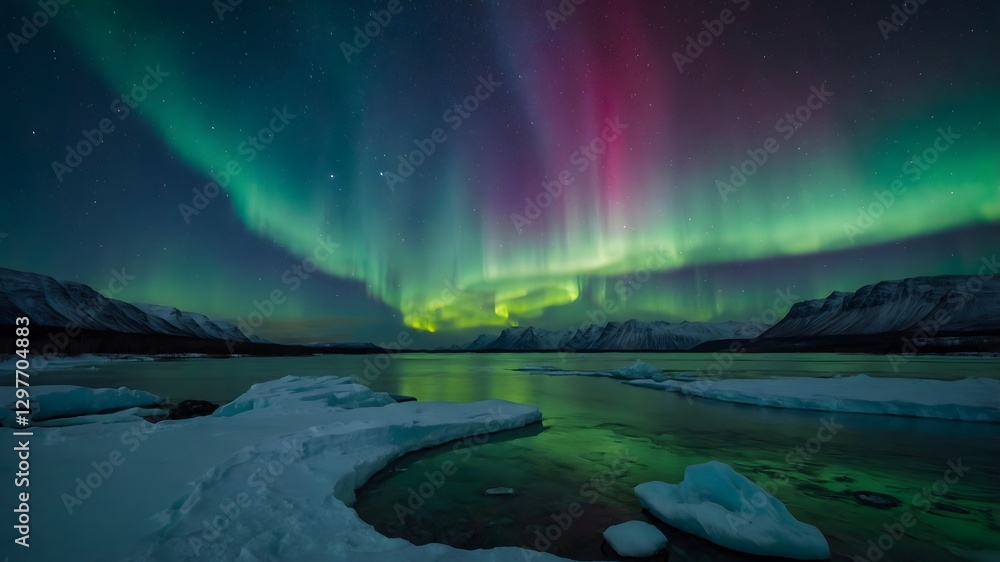 Naklejka premium Celestial Harmony: The Arctic Moon and the Dance of the Northern Lights