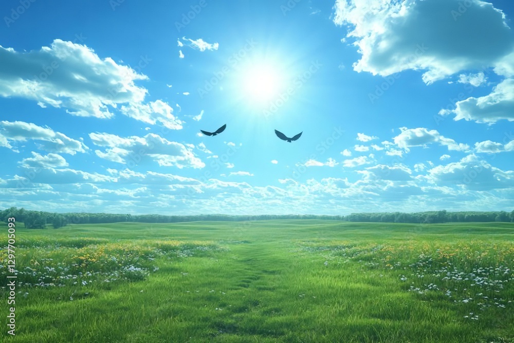 Fototapeta premium Bright Sky Over Lush Green Field with Birds and Fluffy Clouds