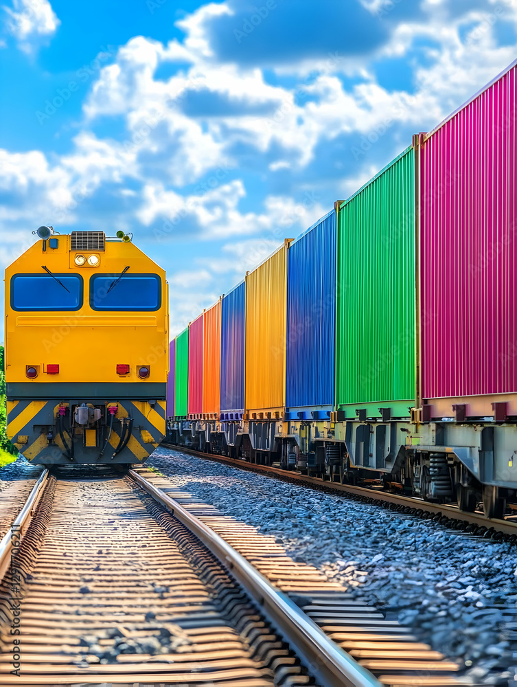 Fototapeta premium Colorful cargo train on tracks, sunny day