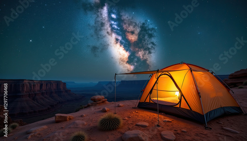 Illuminated Tent Under Starry Night Sky for Astronomy Blogs, Camping Websites and Night Photography Inspiration photo