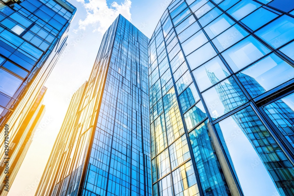 Obraz premium Modern Skyscrapers with Glass Facades Under Blue Sky and Sunlight