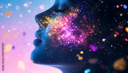 Colorful dust, woman's face, profile view