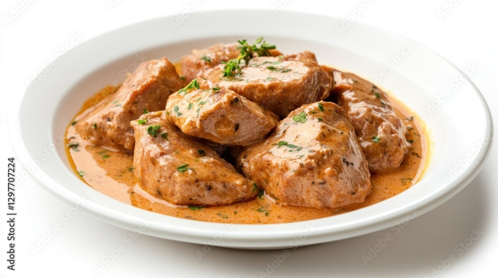 Pork medallions simmered in creamy sauce on a white plate with bright background Pork medallions simmered in creamy sauce on a white plate with bright background