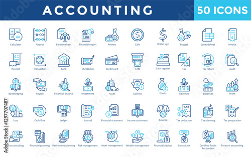 Accounting icon set with calculator, abacus, balance sheet, financial report, money, coin, dollar sign, budget, spreadsheet, invoice icon. Simple outline color vector 
