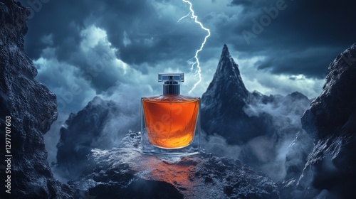 A glass perfume bottle shimmering in the eerie glow of a thunderstorm, with electrifying energy crackling in the air

