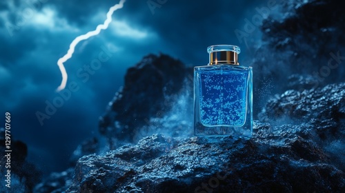 A glass perfume bottle shimmering in the eerie glow of a thunderstorm, with electrifying energy crackling in the air
