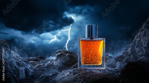 A glass perfume bottle standing tall amid the chaos of a storm, as bright lightning splits the night sky
