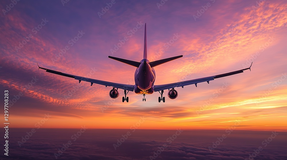 A commercial airplane soaring through the sky at sunset, captured from a rear angle. The aircraft's extended wings and engines are visible beneath them as the sky is painted with warm hues of orange, A commercial airplane soaring through the sky at sunset, captured from a rear angle. The aircraft's extended wings and engines are visible beneath them as the sky is painted with warm hues of orange,