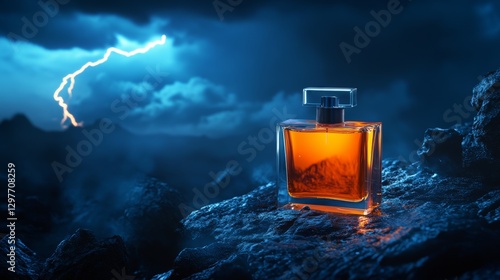 An orange glass perfume bottle illuminated by nature’s raw power, with streaks of lightning cutting through heavy clouds
