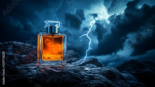 An orange glass perfume bottle illuminated by nature’s raw power, with streaks of lightning cutting through heavy clouds
