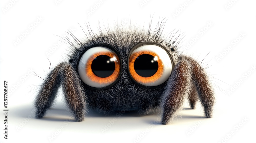 Fuzzy spider staring wide-eyed on a white background