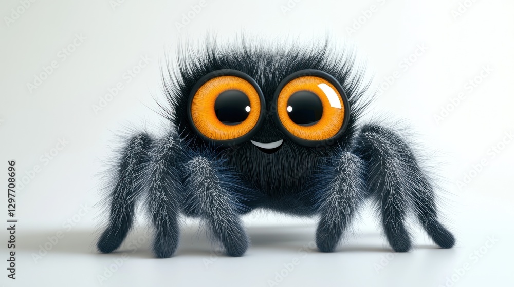 Cute hairy spider smiling brightly on white surface against a simple, clean backdrop Cute hairy spider smiling brightly on white surface against a simple, clean backdrop