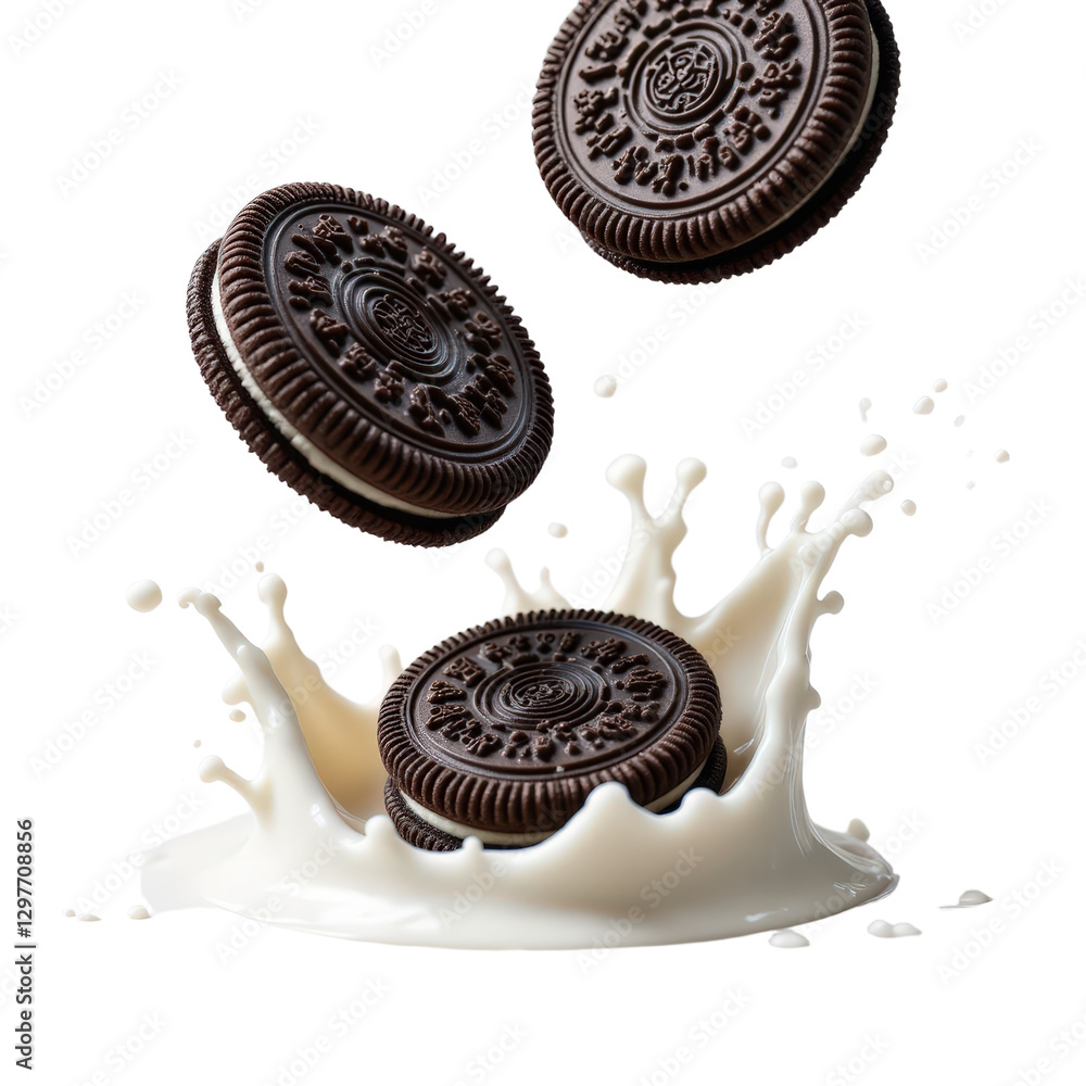 Chocolate sandwich cookies with creme filling and milk splash, transparent background