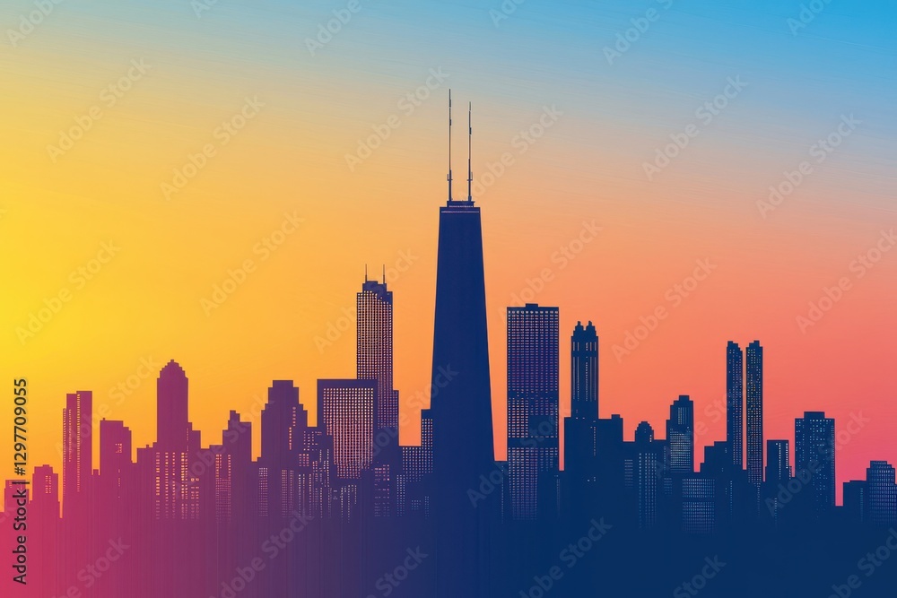 Obraz premium Vibrant City Skyline Against Sunrise with Silhouetted Buildings