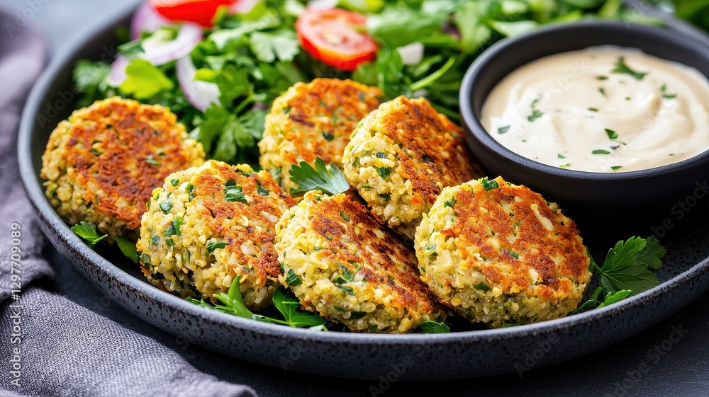 A vibrant plate featuring golden, crispy falafel balls alongside a fresh salad and a creamy dipping sauce. A vibrant plate featuring golden, crispy falafel balls alongside a fresh salad and a creamy dipping sauce.