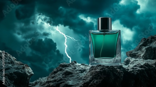 A  green glass perfume bottle reflecting the raw force of nature, as lightning streaks across the heavens.
