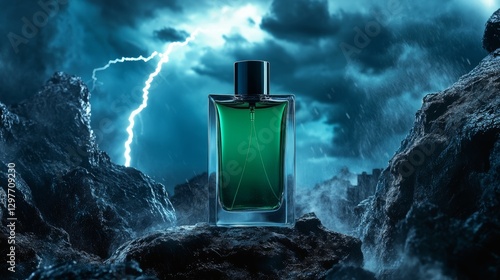 A glass perfume bottle standing still as nature unleashes its fury in the form of a fierce storm over the vast sea.
