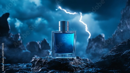 A glass perfume bottle standing still as nature unleashes its fury in the form of a fierce storm over the vast sea.
