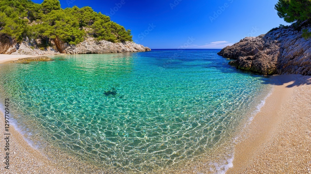 Fototapeta premium Serene Shoreline with Crystal Clear Water and Lush Greenery