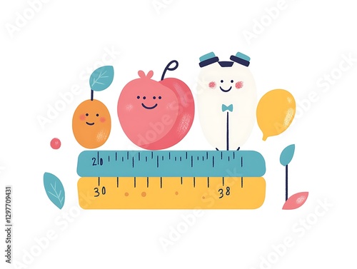 there are two apples and a pear on a ruler