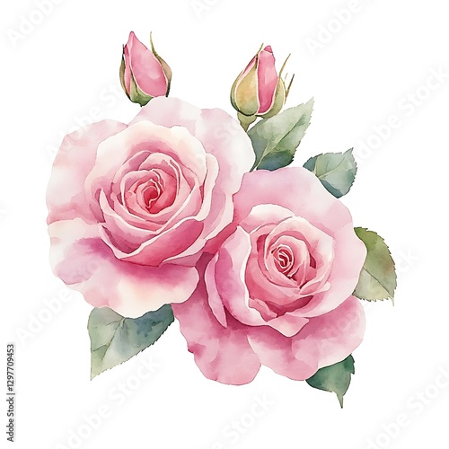 there are two pink roses with green leaves on a white background
