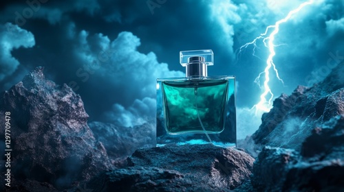 A glass perfume bottle positioned under an ominous sky, where thunder rumbles and lightning flickers above the crashing waves.
