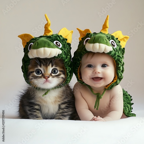 there are two babies wearing costumes with a cat on the bed