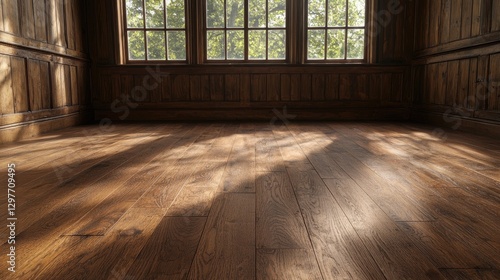 Sunlit wooden room interior, leafy window view, hardwood floor